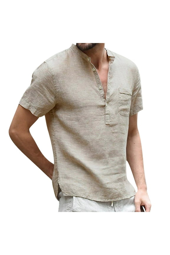 Tshirts for Men Short Sleeve Shirt Men Summer Casual Fashion Linen T-Shirt Men's Retro Stand-Up XihbxylyShirt Tshirts Shirts for Men Daily