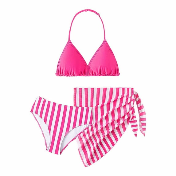 Xijirk 3-Piece Girls' Swimsuit Set - Cute Stripe Print Bikini with Skirt, Kids Swimwear,Size 6-7 Years