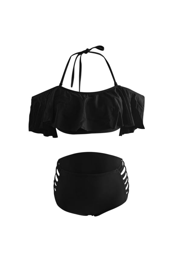 Bikini Sets for Women,Large Size Split Swimsuit Bikini Split Swimsuit Off Shoulder Ruffled Edge Beach Bikini for Women,Womens Bikini,Black,XL