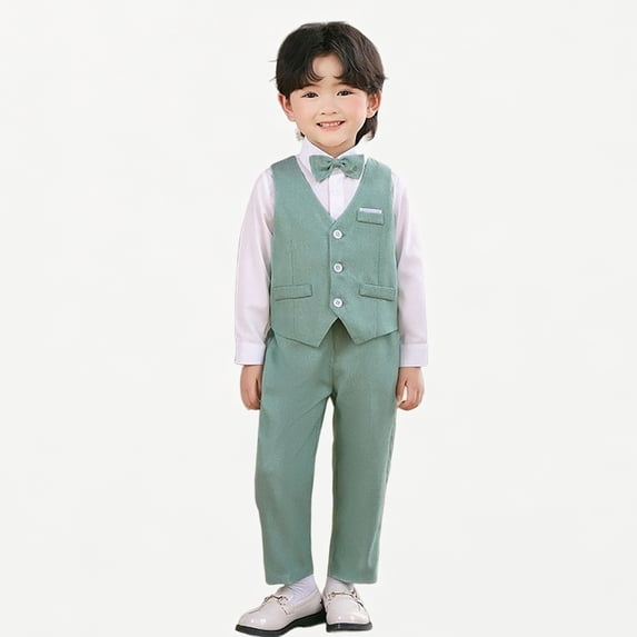 Xijirk Boys 3‑Piece Formal Tuxedo Suit Slim Fit Vest Dress Shirt Pants with Bow Tie for Party Performance Wear,3-4 Years