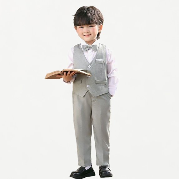 Xijirk Boys 3‑Piece Formal Tuxedo Suit Slim Fit Vest Dress Shirt Pants with Bow Tie for Party Performance Wear,3-4 Years