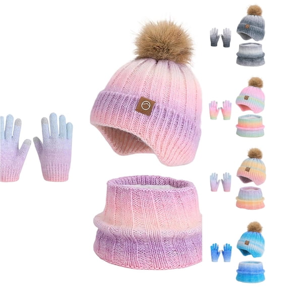 Xijirk Boys Girls Kids Knit Winter Set Consisting of Gradient Pom Hat, Scarf, and Touchscreen Gloves for Cold Weather
