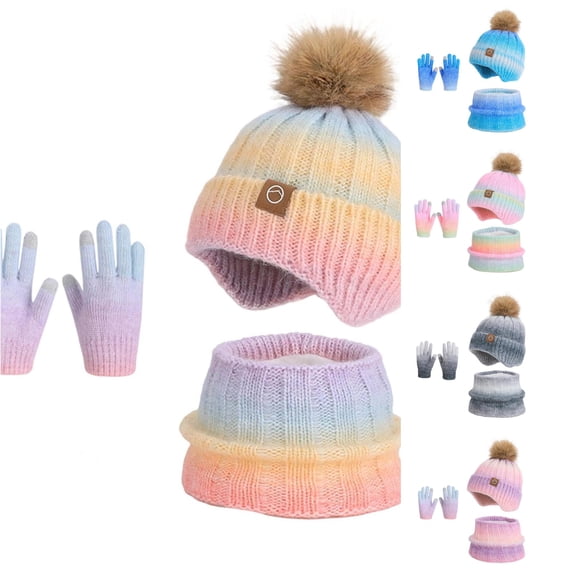 Xijirk Boys Girls Kids Knit Winter Set Consisting of Gradient Pom Hat, Scarf, and Touchscreen Gloves for Cold Weather