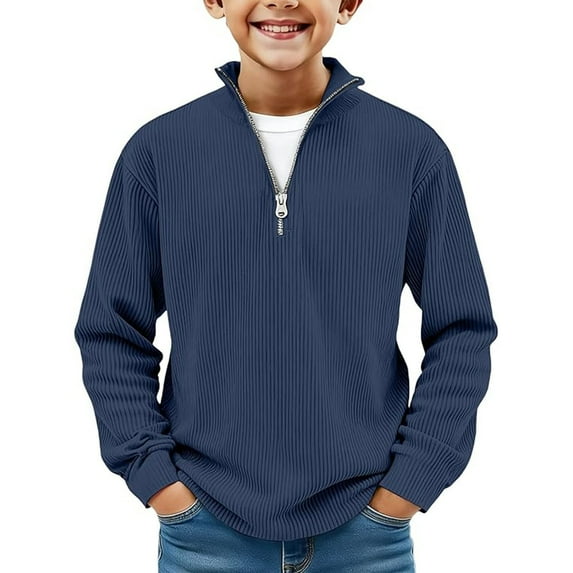 Xijirk Boys Long Sleeve Shirts, Corduroy Quarter Zip Pullover Sweater Casual Collared Top Ribbed Fashion Sweatshirt for Daily Wear,Boys Shirts,Navy,7-8 Years