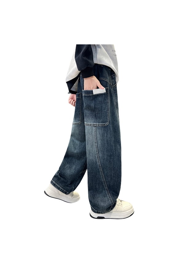 Boys Pants,Boys Denim Pants Straight Leg Loose Fit Soft Comfortable Wide Leg Jeans Casual Trousers for Kids Everyday Wear and Play,Boys Sweatpants,7-8 Years,Blue