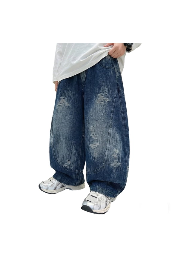 Boys Pants Casual Baggy Denim Pants Black Gradient Wash With Distressed ed Details Oversized Loose Fit Comfortable For Everyday Wear,Blue,5-6 Years