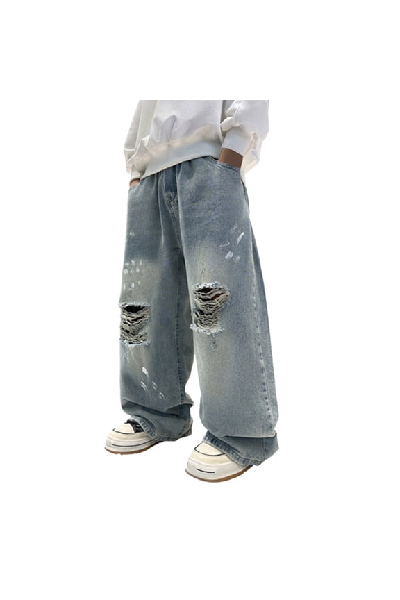 Boys Pants Distressed Denim Jeans Ripped Paint Splatter Design Casual Trousers Elastic Waist Wide Leg Fashion Denim Pants Daily Wear,Blue,13-14 Years