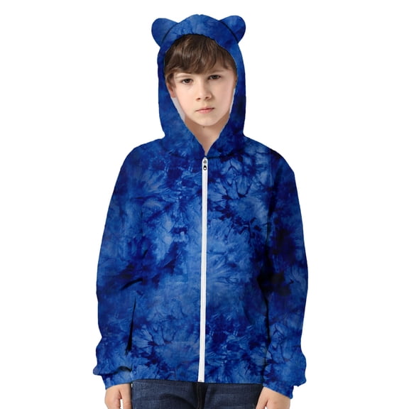 Xijirk Boys Tie Dye 3D Printed Cat Ears Zipper Hoodie for Children with Cat Ears Pullover for Girl and Boy Cool Casual Wear,Z03 Dark Blue,10-11 Years