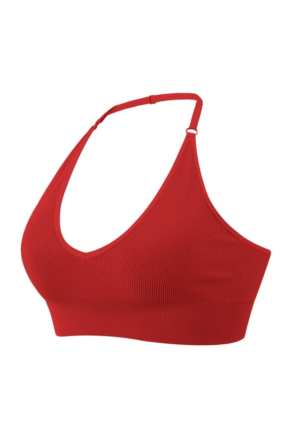 Bras for Women Halterneck Backless Deep V Neck Sports Bustier Padded Gym Push Up Bra Adjustable Straps Bra for Workout Wear,Red,S