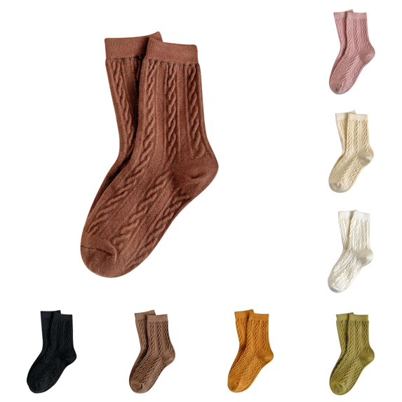 Xijirk Cable Knit Crew Socks Textured Mid Calf Knit Socks Retro Stylish Casual Socks for Women Brown,One Size