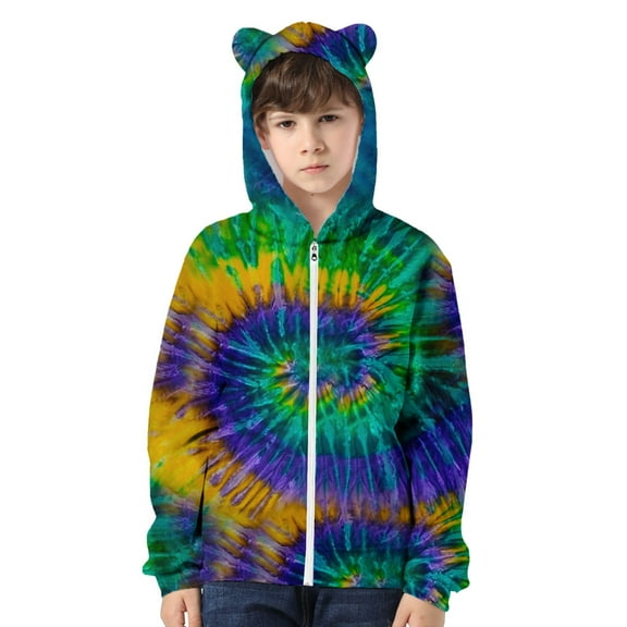 Xijirk Childrens Tie Dye 3D Printed Cat Ears Zipper Hoodie with Cat Ears Pullover for Girl and Boy Fun Casual Outerwear,Z02 Green,4-5 Years