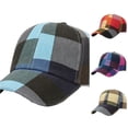 thumbnail image 1 of Xijirk Color Block Plaid Baseball Cap Soft Woven Curved Brim Headwear for Autumn Winter Street Style Travel Daily Casual Activities,Blue,One Size, 1 of 3