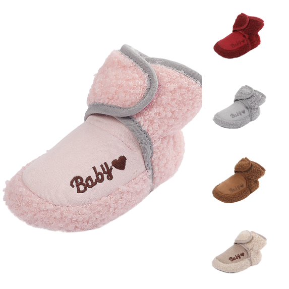 Xijirk Curly Baby Ankle Booties Baby Heart Embroidery Hook and Loop Warm Indoor Walking Shoes Pink,12-18 Months