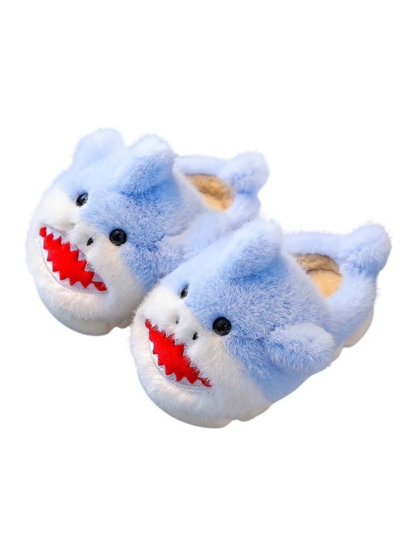 Xijirk Cute Shark Slippers for Kids Fuzzy House Shoes with Zigzag Mouth for Indoor Winter Relaxation,2.5-3 Years