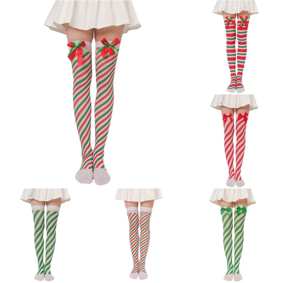 Xijirk Diagonal Striped Bow Thigh High Socks Candy Cane Over Knee Socks Holiday Cosplay Stockings for Women Green,One Size
