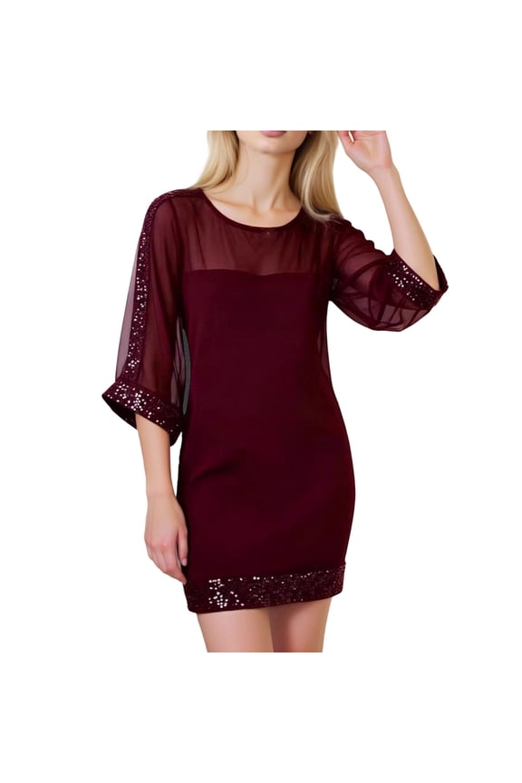 Dresses for Women,Elegant Sheer Mesh Dress with Sequin Accent Round Neck and Three Quarter Sleeves for Casual Evening Wear Lightweight Feminine,Womens Dresses,XL,Red