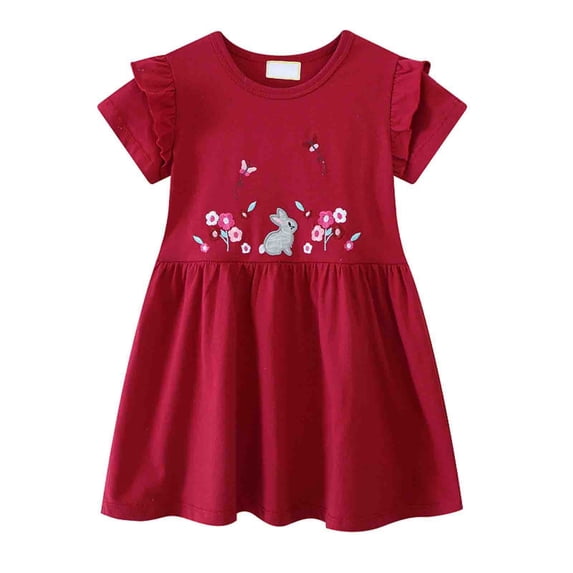 Xijirk Easter Dresses for Girls Short Sleeve Casual Dress with Cotton Embroidery Applique and Smocked Lace Trim Elegant Party Dress for Spring Summer,Z04 Watermelon Red,1-2 Years