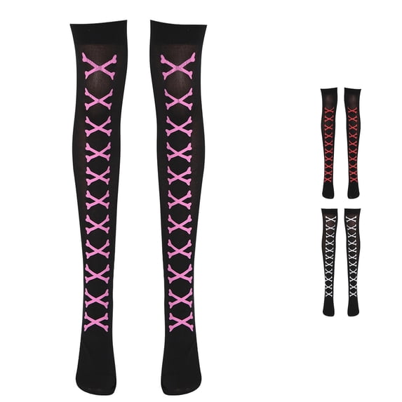 Xijirk Lace Up Print Thigh High Stockings Crisscross Pattern Gothic Over Knee Socks Halloween Cosplay Hosiery Hot Pink,One Size