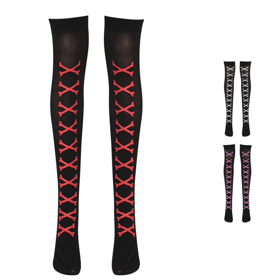 Xijirk Lace Up Print Thigh High Stockings Crisscross Pattern Gothic Over Knee Socks Halloween Cosplay Hosiery Red,One Size