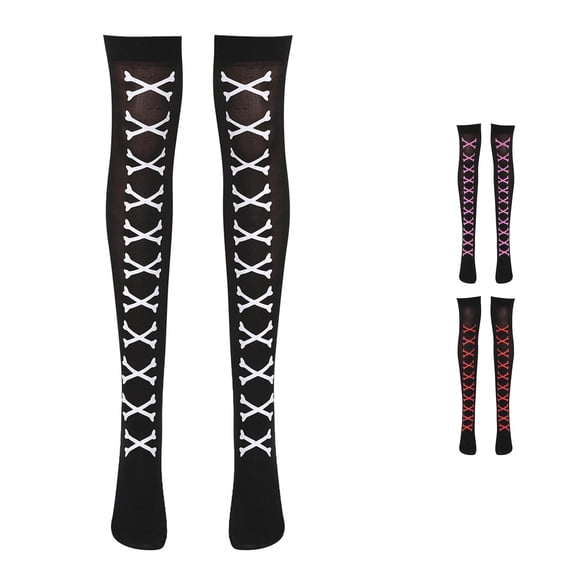 Xijirk Lace Up Print Thigh High Stockings Crisscross Pattern Gothic Over Knee Socks Halloween Cosplay Hosiery White,One Size