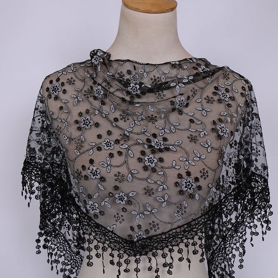 Xijirk Floral Lace Triangle Scarf with Sheer Mesh Embroidery And Dangling Tassel for Bridal Wedding Evening Party Formal Dress Wrap Accessory,Black,One Size