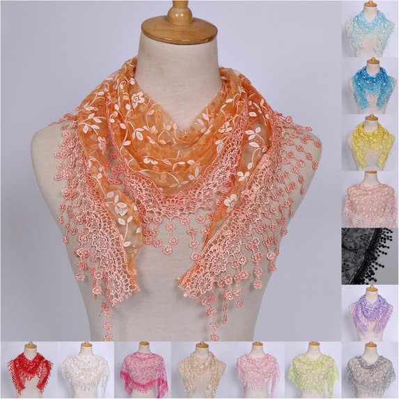 Xijirk Floral Lace Triangle Scarf with Sheer Mesh Embroidery And Dangling Tassel for Bridal Wedding Evening Party Formal Dress Wrap Accessory,Orange,One Size