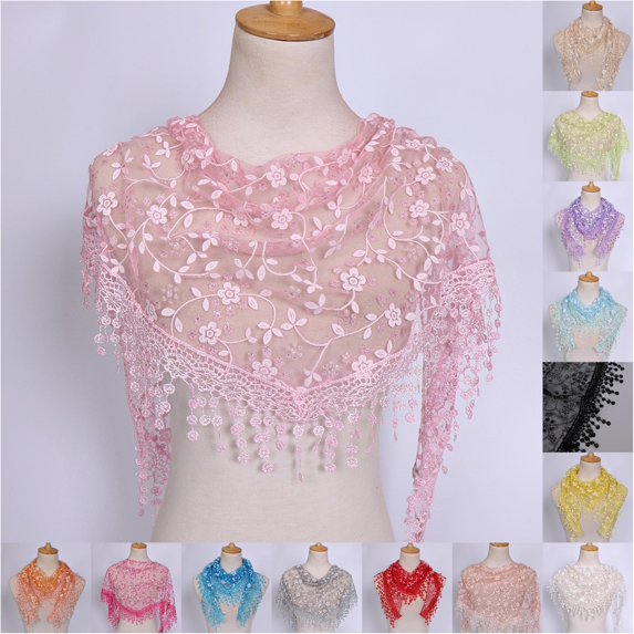 Xijirk Floral Lace Triangle Scarf with Sheer Mesh Embroidery And Dangling Tassel Trim for Bridal Wedding Evening Party Formal Dress Wrap Accessory,Pink,One Size