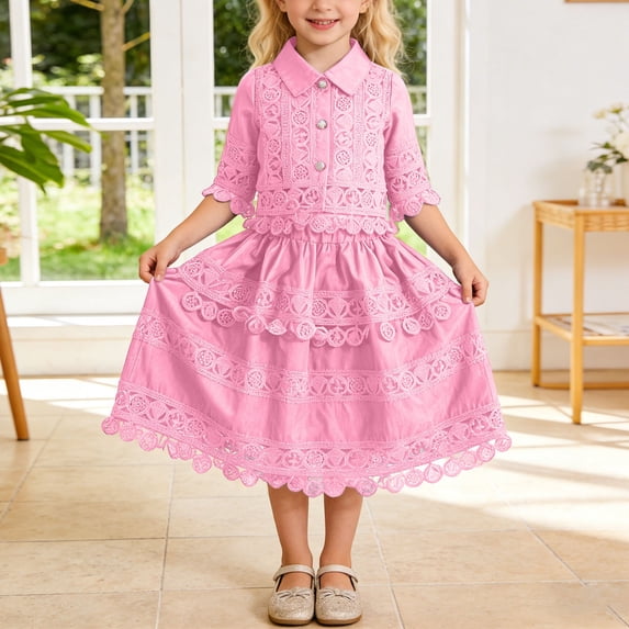 Xijirk Girls' 2-Piece Part Years Outfit Lace Cropped Top & Tiered Lace Trim Skirt Set,5-6 Years