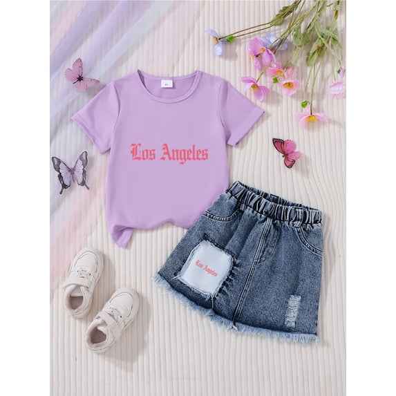Xijirk Girls' 2-Piece Summer Outfit Letter Print Short Sleeve T-Shirt & Fra Yearsed Denim Skirt Set,2-3 Years