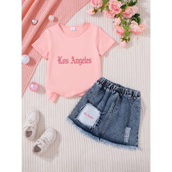 Xijirk Girls' 2-Piece Summer Outfit Letter Print Short Sleeve T-Shirt & Fra Yearsed Denim Skirt Set,6-7 Years