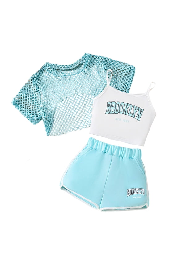 Girls 3 Piece Outfits Fashion Letter Print Sleeveless Top Mesh Shirt and Shorts Casual Summer Outdoor Playwear Set,7-8 Years