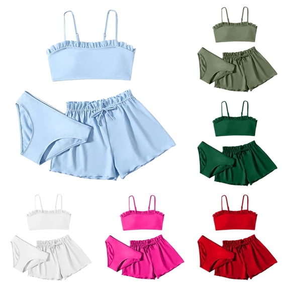Xijirk Girls 3-Piece Ruffle Bikini Set Spaghetti Strap Top with Matching Shorts and Bottom Light Blue Bathing Suit,8-10 Years
