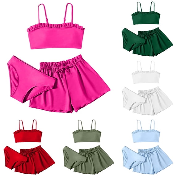 Xijirk Girls 3-Piece Ruffle Swimwear Set Bikini with Matching Drawstring Shorts UPF 50+ Sun for Beach and Pool,10-12 Years
