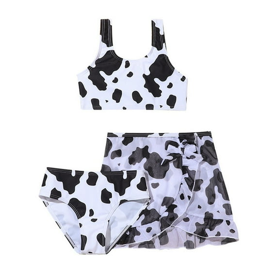 Xijirk Girls 3 Piece Swimsuits Bathing Suit Cow Print Bikini Tops Underpants Skirt Swimwear Set,Swimsuit Girls,Size 11-12 Years