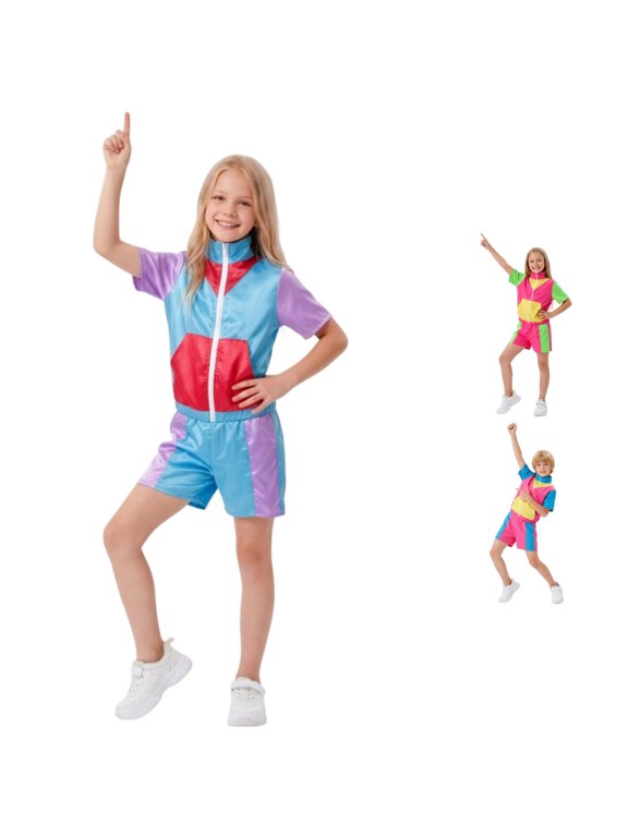 Xijirk Girls 80s Workout Tracksuit 2 Piece Set Zip Short Sleeve Top Elastic Waist Shorts for Halloween Retro Theme Party,8-9 Years