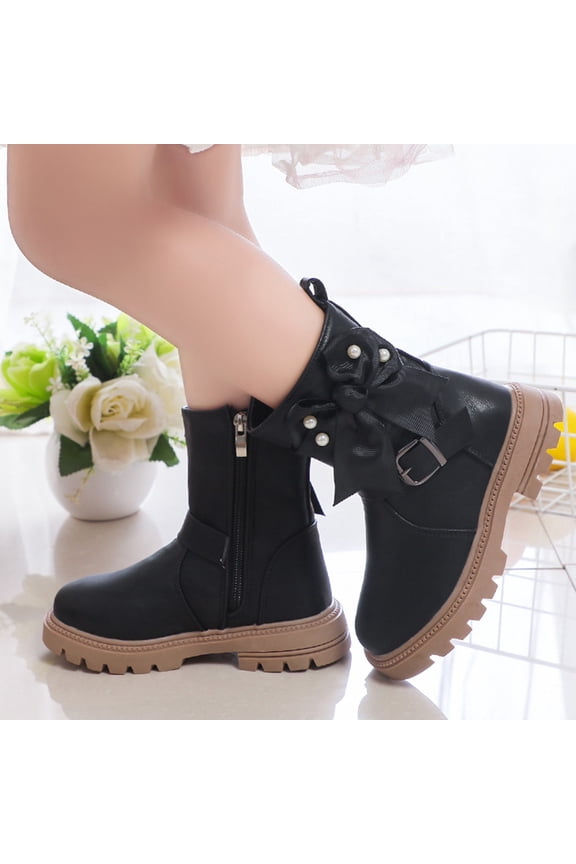 Girls Boots,Children Thick Heeled Thick Soled Girls Mid Length Boots Pearl Bow Children Short Boots,Size 3
