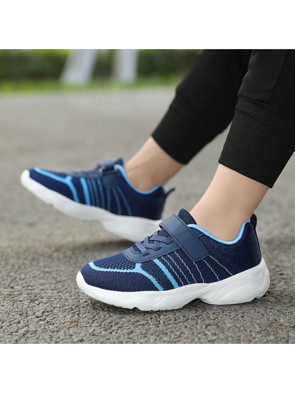 Xijirk Girls Breathable Knit Mesh Hook and Loop Running Sneakers Lightweight Cushioned Athletic Walking Shoes for Daily Outdoor Wear Navy,1