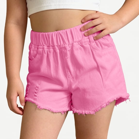 Xijirk Girls Casual Denim Shorts Elastic Waist with Distressed Accents Casual Summer Playwear for Kids,4-5 Years