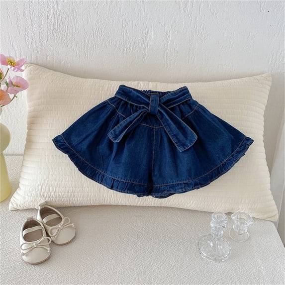 Xijirk Girls Denim Skort Elastic Waist with Large Bow and Ruffle Casual Summer Wear,7-8 Years