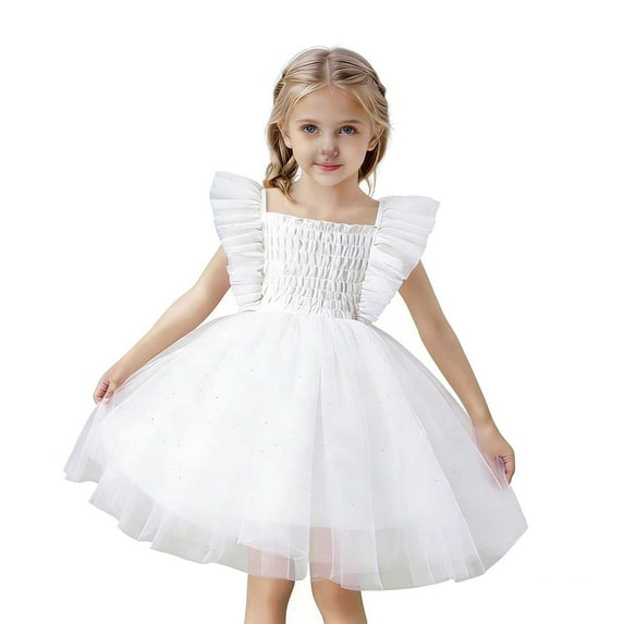 Xijirk Girls Dresses,Elegant Girls Sleeve Dress for Birthday Celebration Fancy Party Gown for Toddlers And Little Girls Tasteful Satin Overlay With Skirt,Dresses for Girls,White,1-2 Years