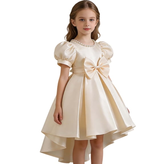 Xijirk Girls Dresses,Girls Satin Backless Pageant Dress Gown Girl Dress for Stage Performance,Dresses for Girls,Beige,5-6 Years