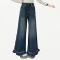 thumbnail image 1 of Xijirk Girls Flared Denim Pants Elastic Waist Ruffle Trim Comfort Soft Bottoms for Everyday Wear,5-6 Years, 1 of 9