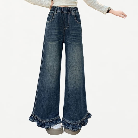 Xijirk Girls Flared Denim Pants Elastic Waist Ruffle Trim Comfort Soft Bottoms for Everyday Wear,5-6 Years