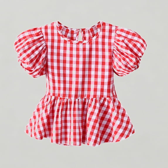 Xijirk Girls Gingham Puff Short Sleeve Peplum Blouse Ruffled Neckline Breathable Summer Casual Wear,18-24 Months