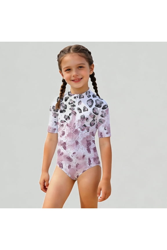 Xijirk Girls' One-Piece Rash Guard Swimsuit Leopard Print Short Sleeve Bathing Suit,10-11 Years