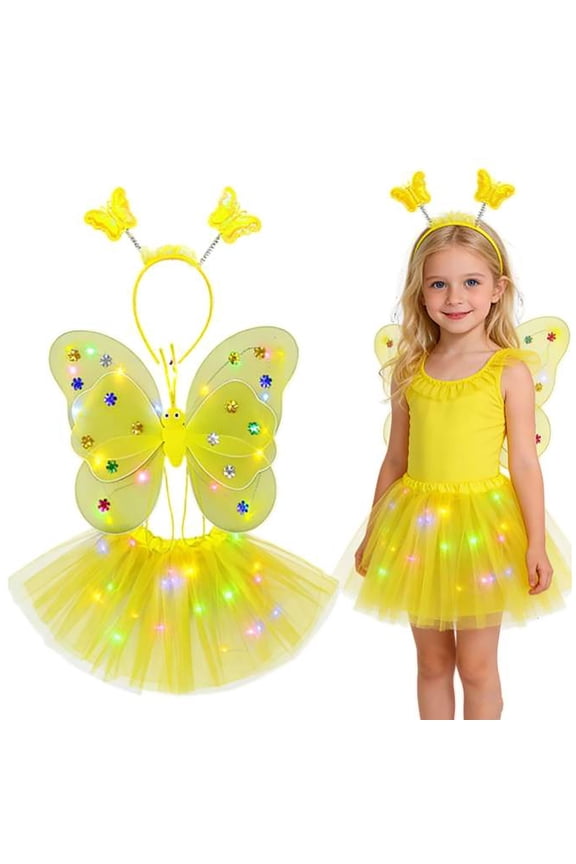Girls Outfits Dress Up Set Glowing Fairy with Light Up Wand and Floral Accessories Four Piece Play Outfit for Imaginative Role Play and Fantasy Themed Fun,Yellow,3-10 Years