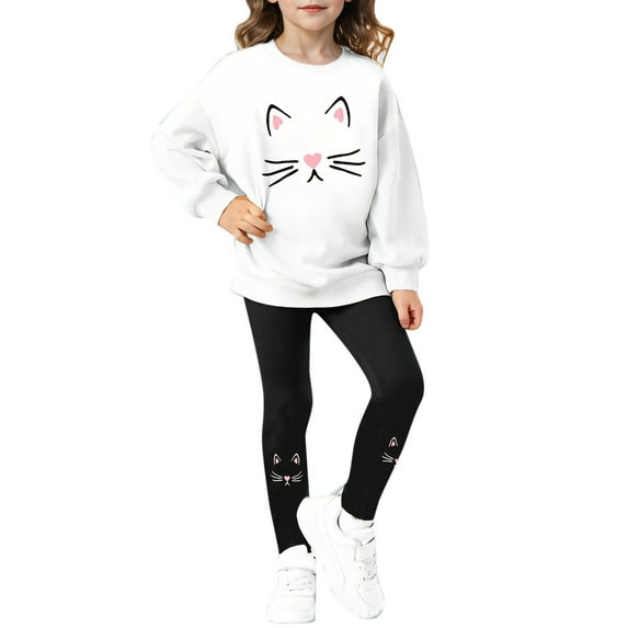Xijirk Girls Outfits Loungewear Set Cute Printed Crew Neck Long Sleeve Hoodie with Leggings Cozy Two Piece Outfit for Indoor Play Relaxation and Casual Wear,White,11-12 Years