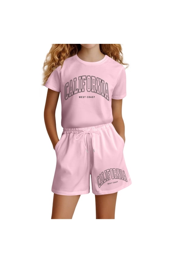 Girls Outfits Outdoor Wear Set Summer Short Sleeve Tee and Pocket Shorts Two Piece Casual Outfit for Playful Fun Active Days and Easy Care Comfort,Light Pink,9-10 Years