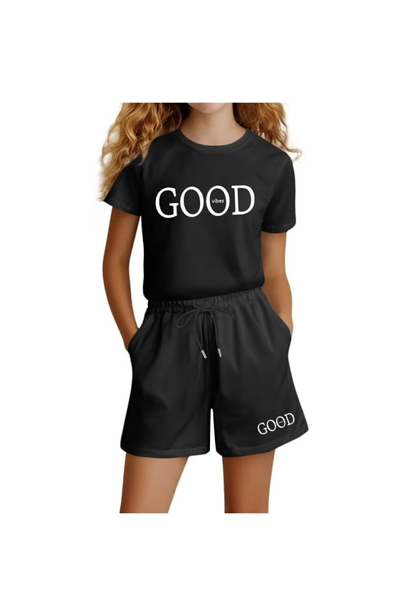 Girls Outfits Play Clothes Set Loose Fit Short Sleeve Letter Print Casual Suit for Daily Adventures Comfortable Fashion and Easy Care Outfits,Black,9-10 Years