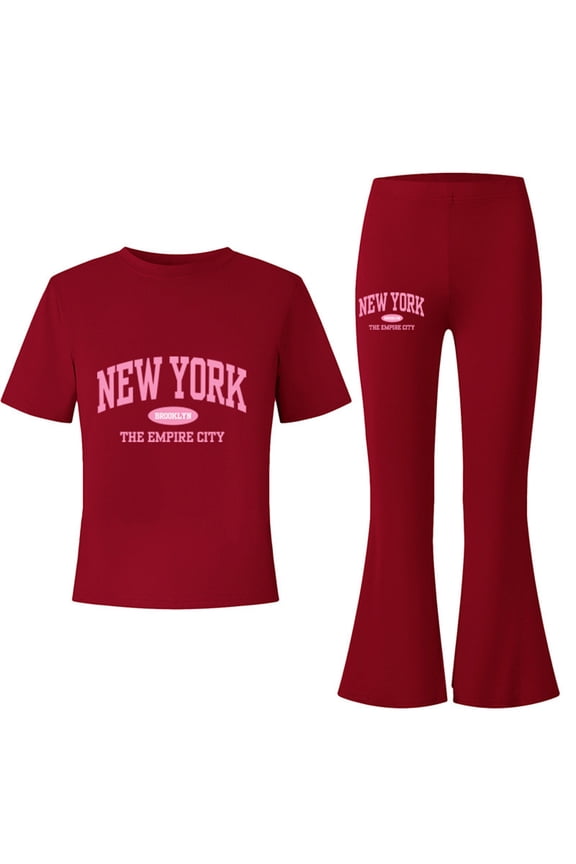 Girls Outfits Summer Casual Set Letter Print Short Sleeve Top with Flare Leg Pants Fashion Two Piece Outfit for Toddler and Teen Playful Daily Wear and Outdoor Fun,,9-10 Years